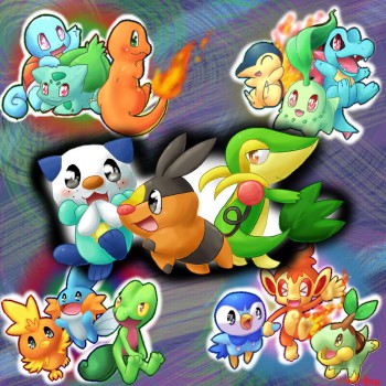 The various starter Pokemon from each animated series with Black and White at center.